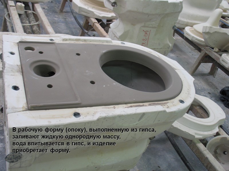 В рабочую форму (опоку), выполненную из гипса, заливают жидкую однородную массу,  вода впитывается